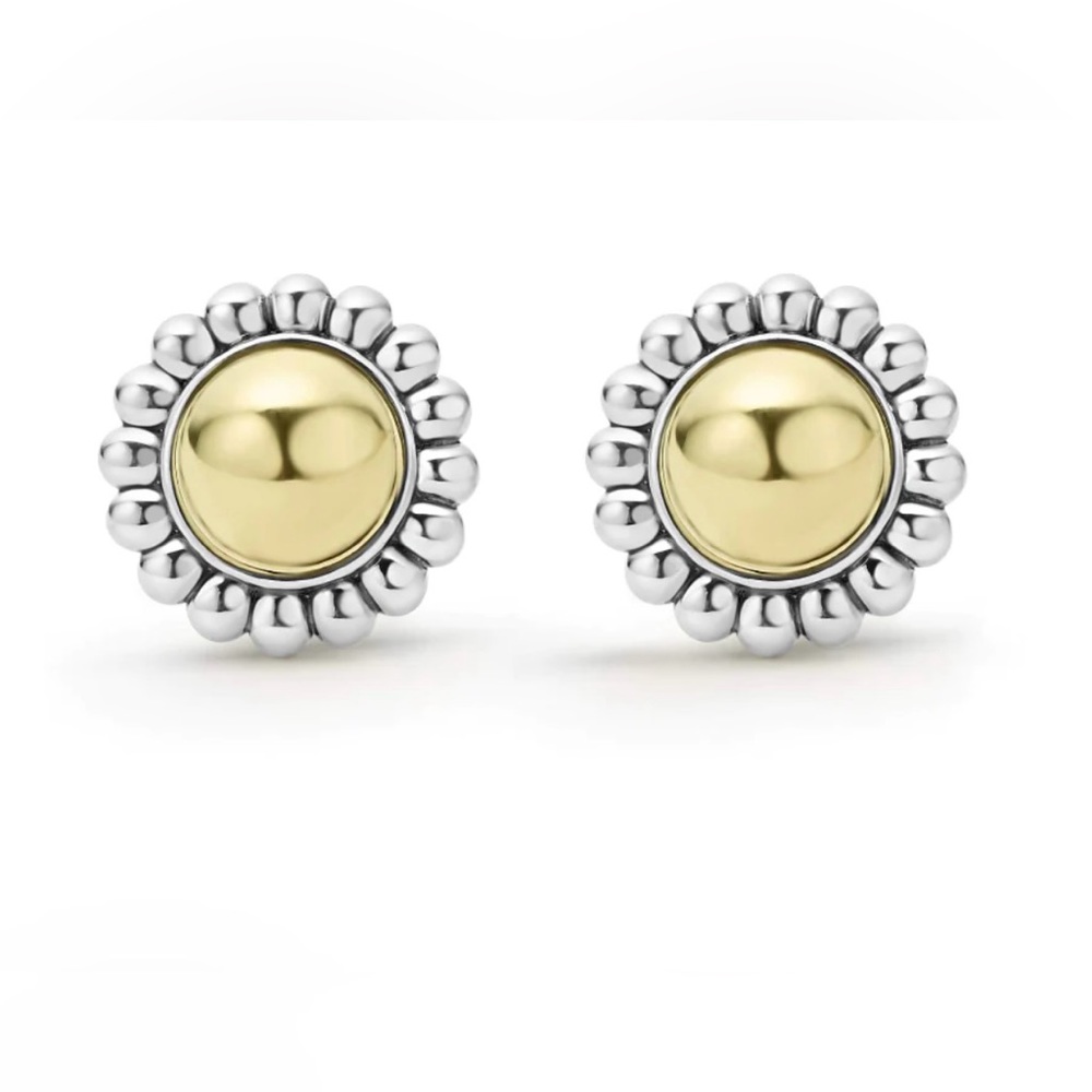 LAGOS CAVIAR HIGH BAR Round STERLING SILVER & 18K GOLD OMEGA CLIP Earrings $825
